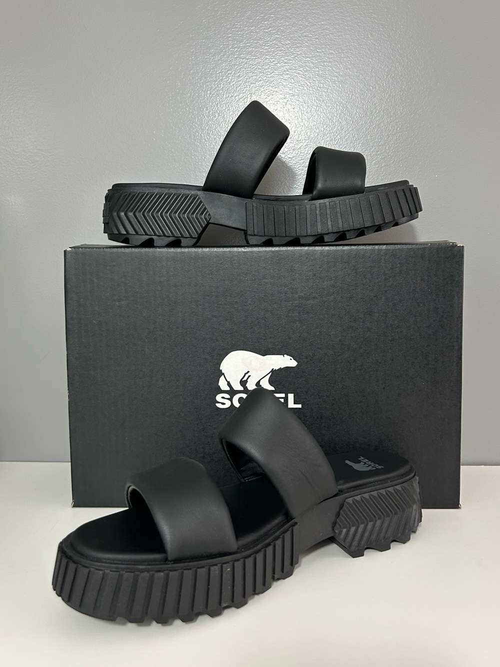NWT SOREL Ona Streetworks Platform Slide Leather Upper Sandals Black Size 9.5 - Picture 2 of 15